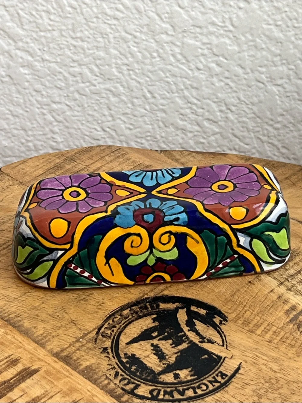 Mexican Folk Art Handmade Talavera Red Clay Pottery Butter Dish Colorful